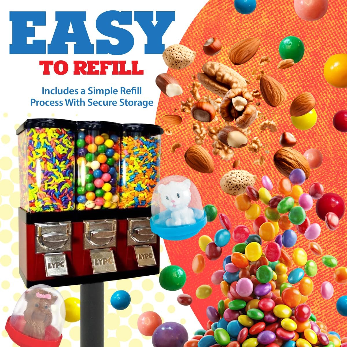 1742011993 Red Triple Compartment Commercial Vending Machine for 1 inch Gumballs 1 inch Toy Capsules Bouncy Balls Candy Nuts with Stand by American Gumball Company.jpg