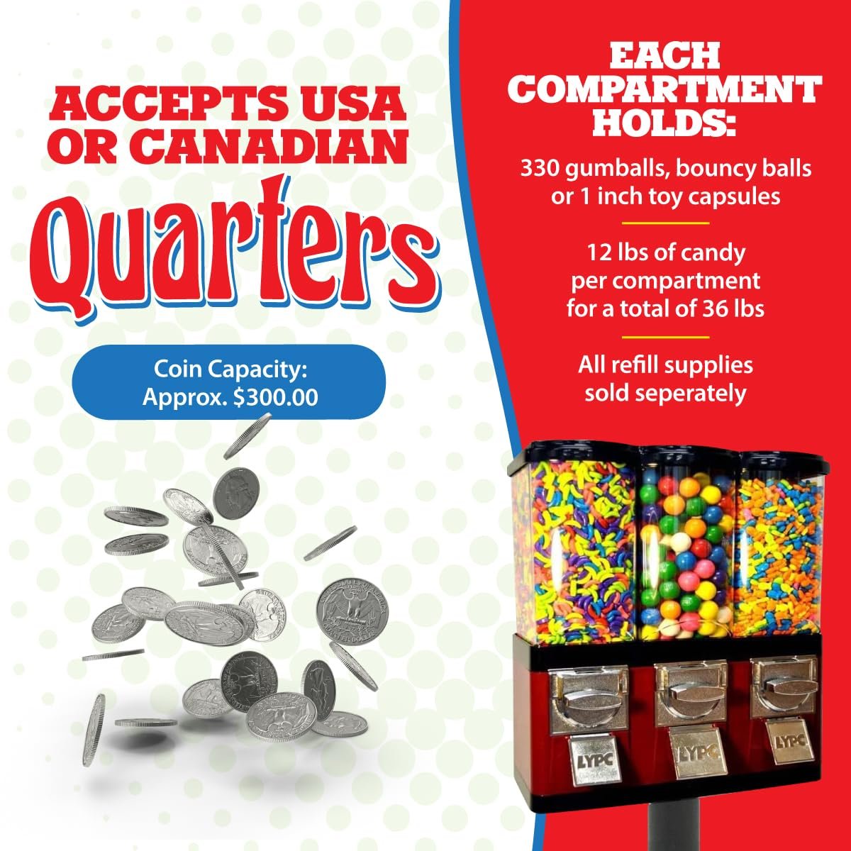 1742011994 Red Triple Compartment Commercial Vending Machine for 1 inch Gumballs 1 inch Toy Capsules Bouncy Balls Candy Nuts with Stand by American Gumball Company.jpg