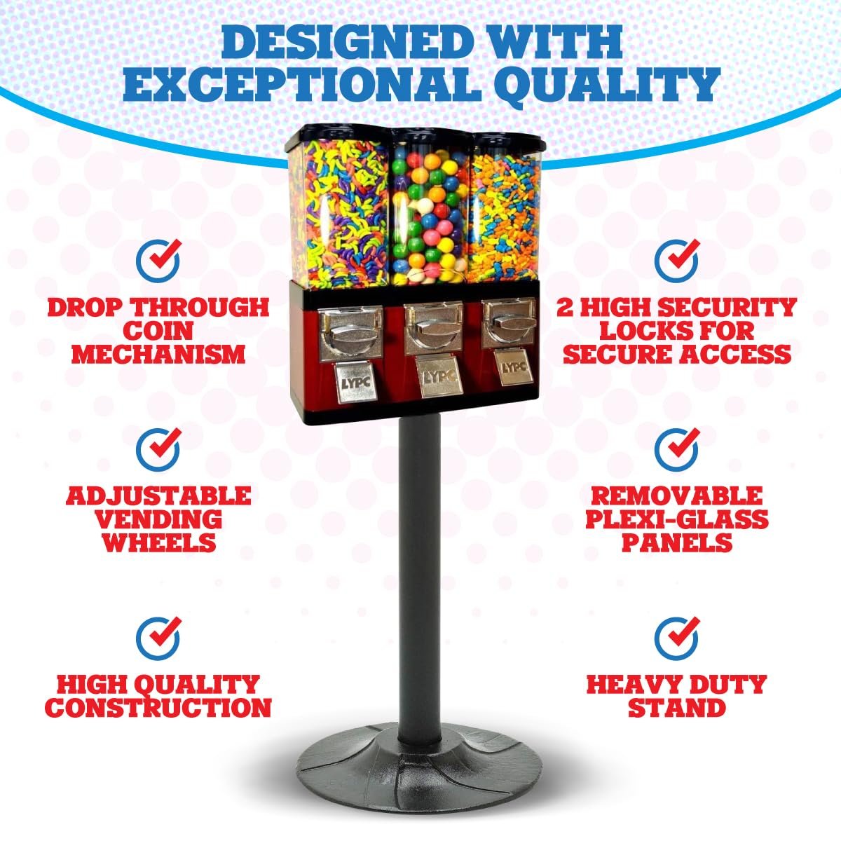 1742011995 Red Triple Compartment Commercial Vending Machine for 1 inch Gumballs 1 inch Toy Capsules Bouncy Balls Candy Nuts with Stand by American Gumball Company.jpg