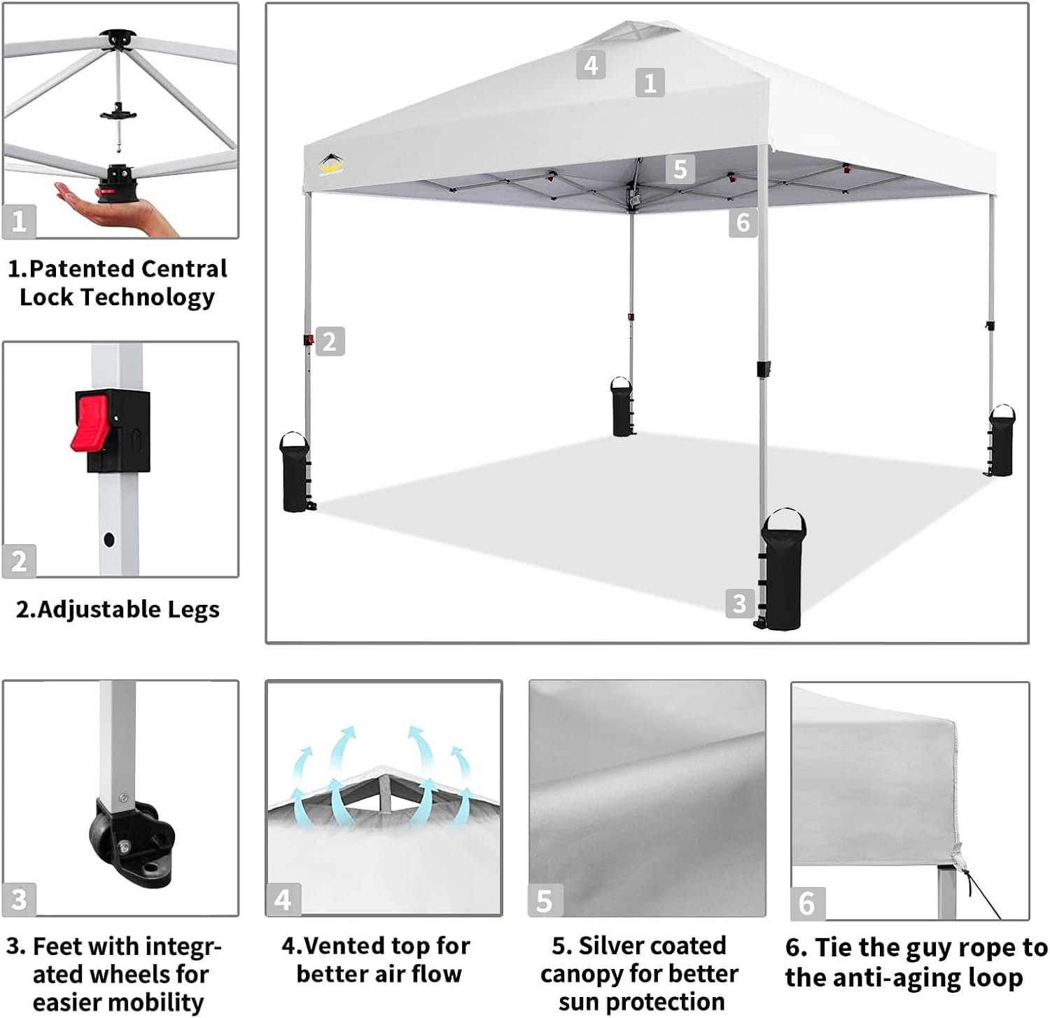 1742051594 CROWN SHADES 10x10 Pop Up Canopy Beach Tent with One Push Setup Easy Outdoor Sun Shade for Events Parties Camping Gazebo with STO N Go Cover Bag Silver Coated Top White.jpg