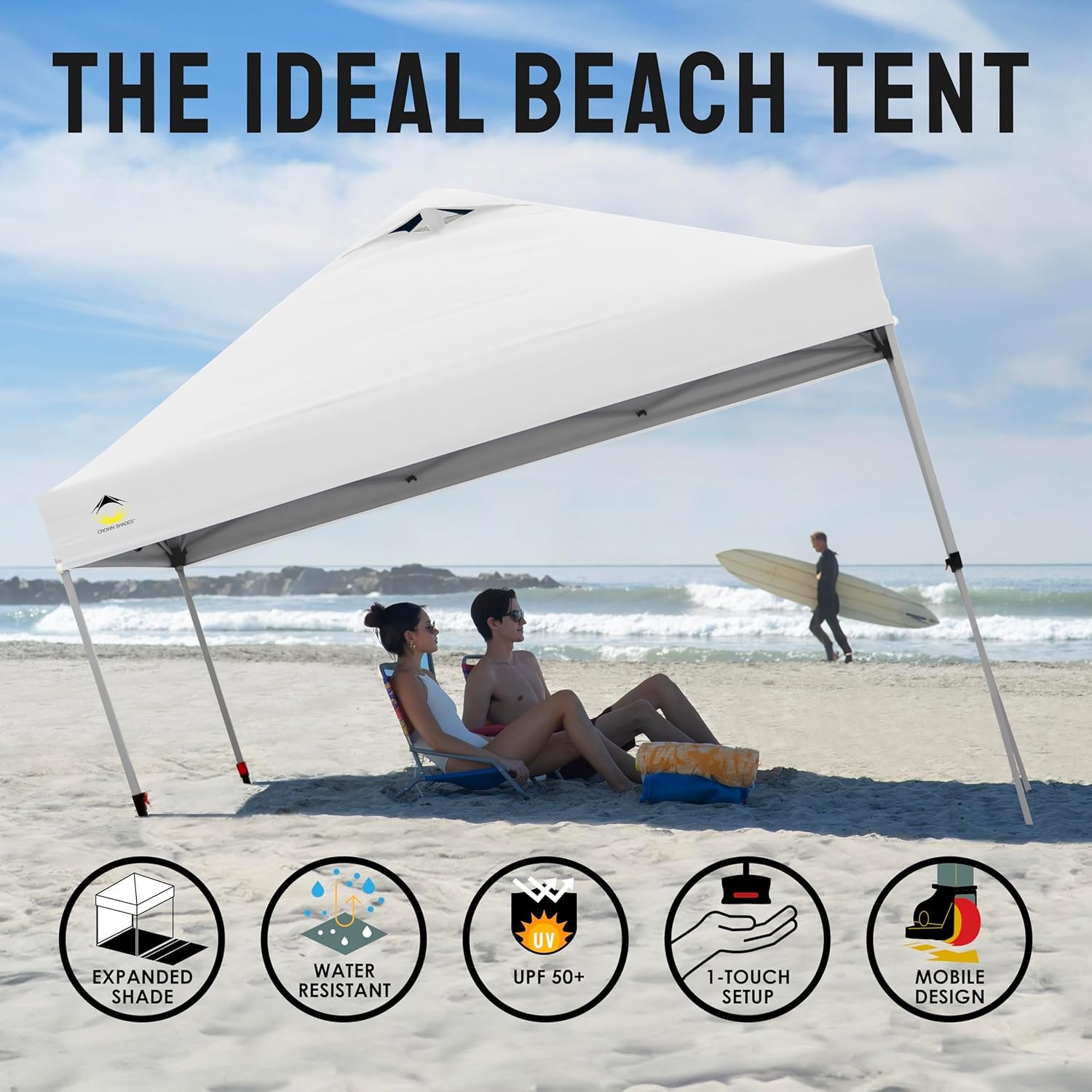 1742051595 CROWN SHADES 10x10 Pop Up Canopy Beach Tent with One Push Setup Easy Outdoor Sun Shade for Events Parties Camping Gazebo with STO N Go Cover Bag Silver Coated Top White.jpg
