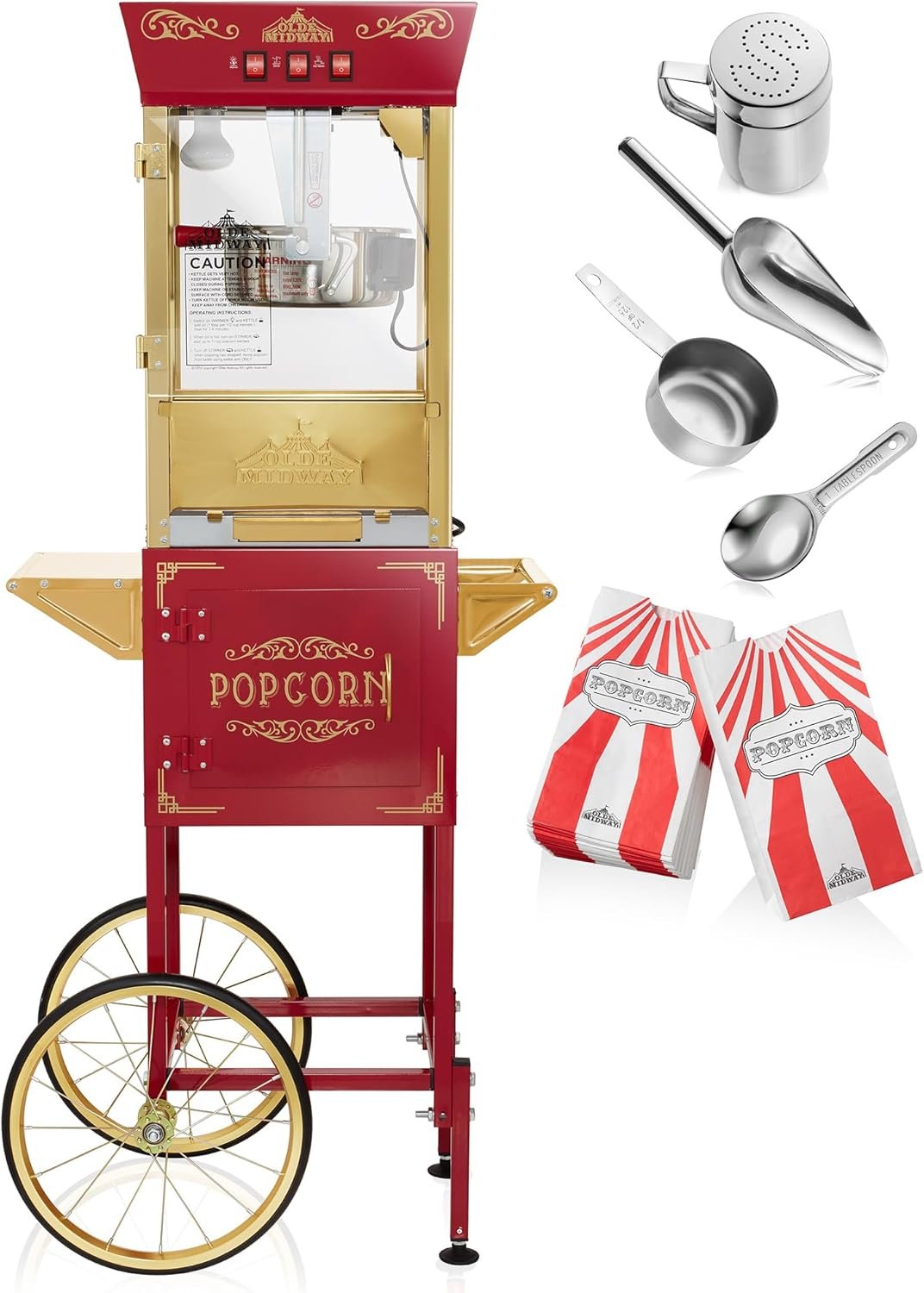 1743171190 Olde Midway Movie Theater Style Popcorn Machine Maker with Cart and 10 Ounce Kettle Red Vintage Style Popper on Wheels.jpg