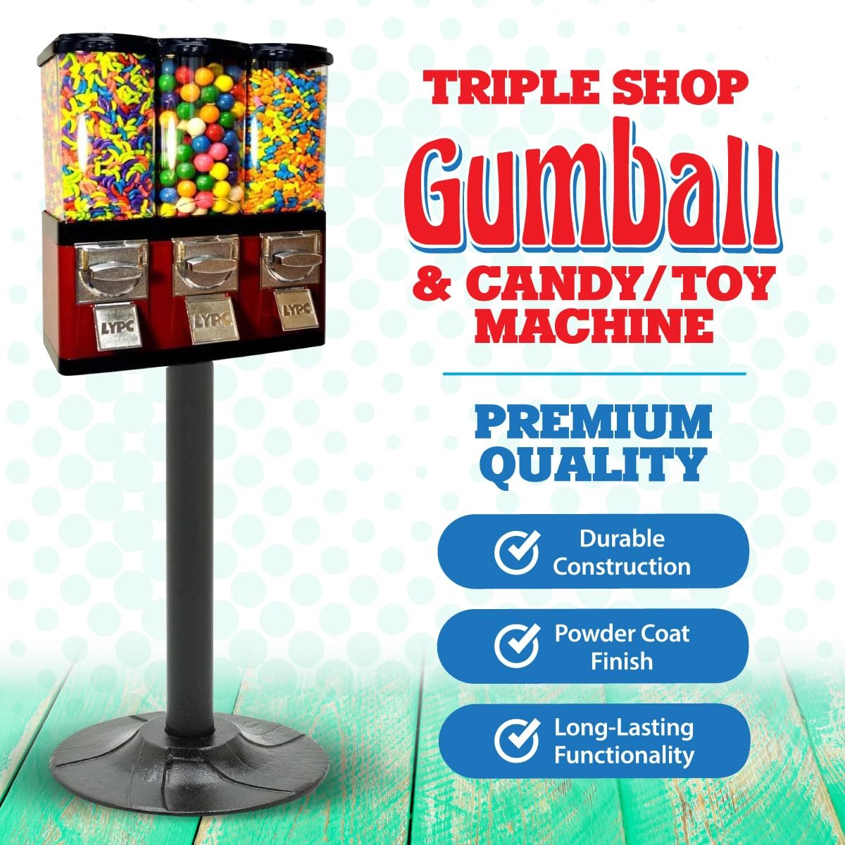 Red Triple Compartment Commercial Vending Machine for 1 inch Gumballs 1 inch Toy Capsules Bouncy Balls Candy Nuts with Stand by American Gumball Company.jpg