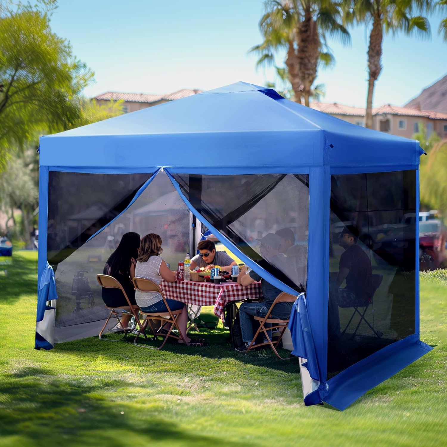 PHI VILLA 10 x 10 Pop Up Canopy Tent with Netting Instant Gazebo Ez up Screen Party Tent House Room with Carry Bag Height Adjustable for Outdoor Garden Blue.jpg