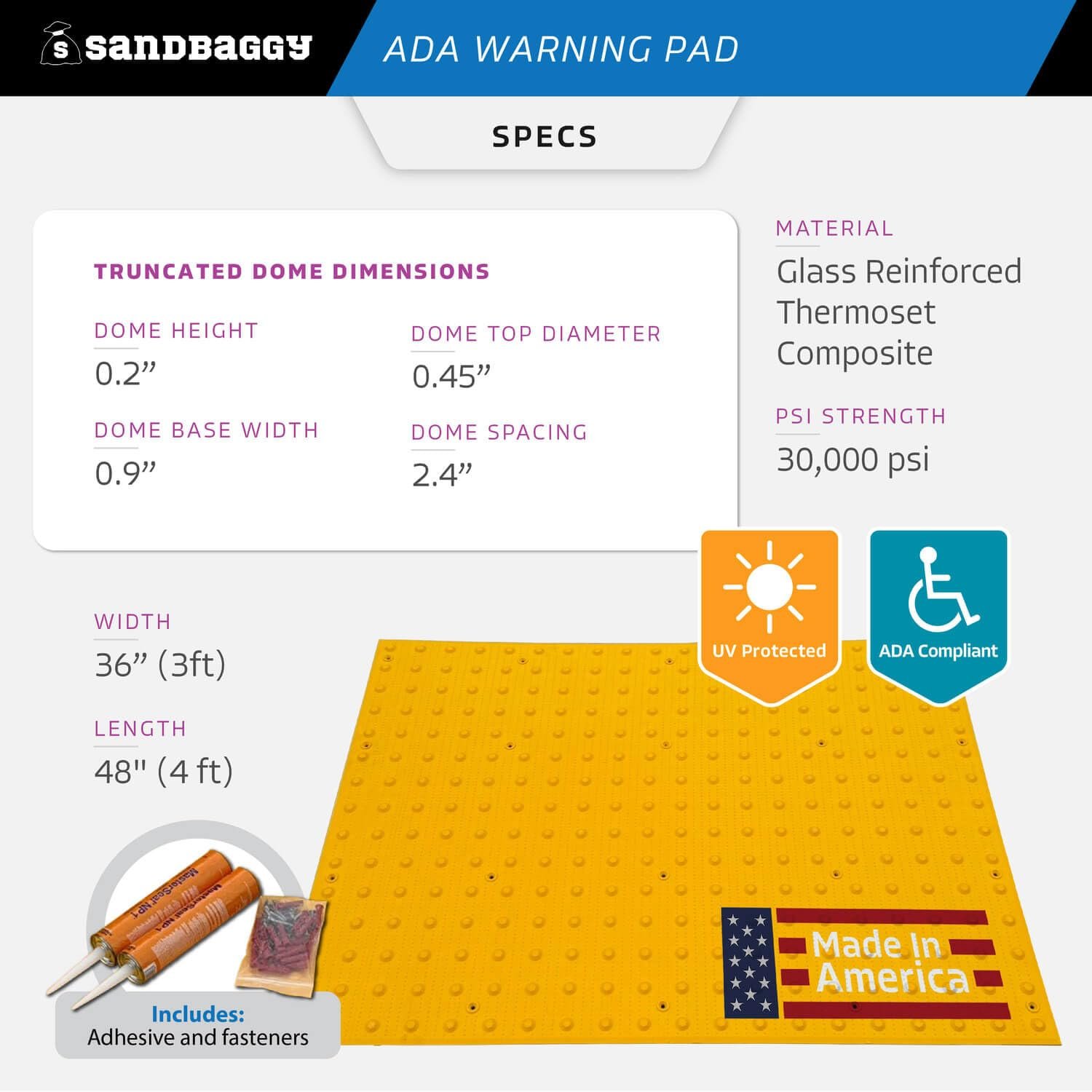 Sandbaggy 3 ft x 4 ft ADA Warning Pads ADA Compliant Truncated Domes Surface Mount Installation Adhesive Fasteners Included UV Protected USA Made 3 Yellow 3 x 4.jpg