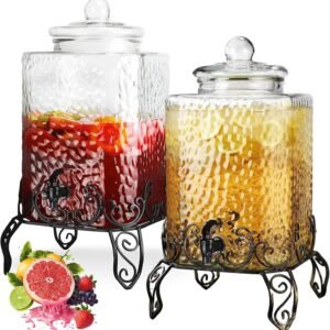 5 Gallon Hammered Glass Beverage Dispenser With Metal Stand Durable.jpg