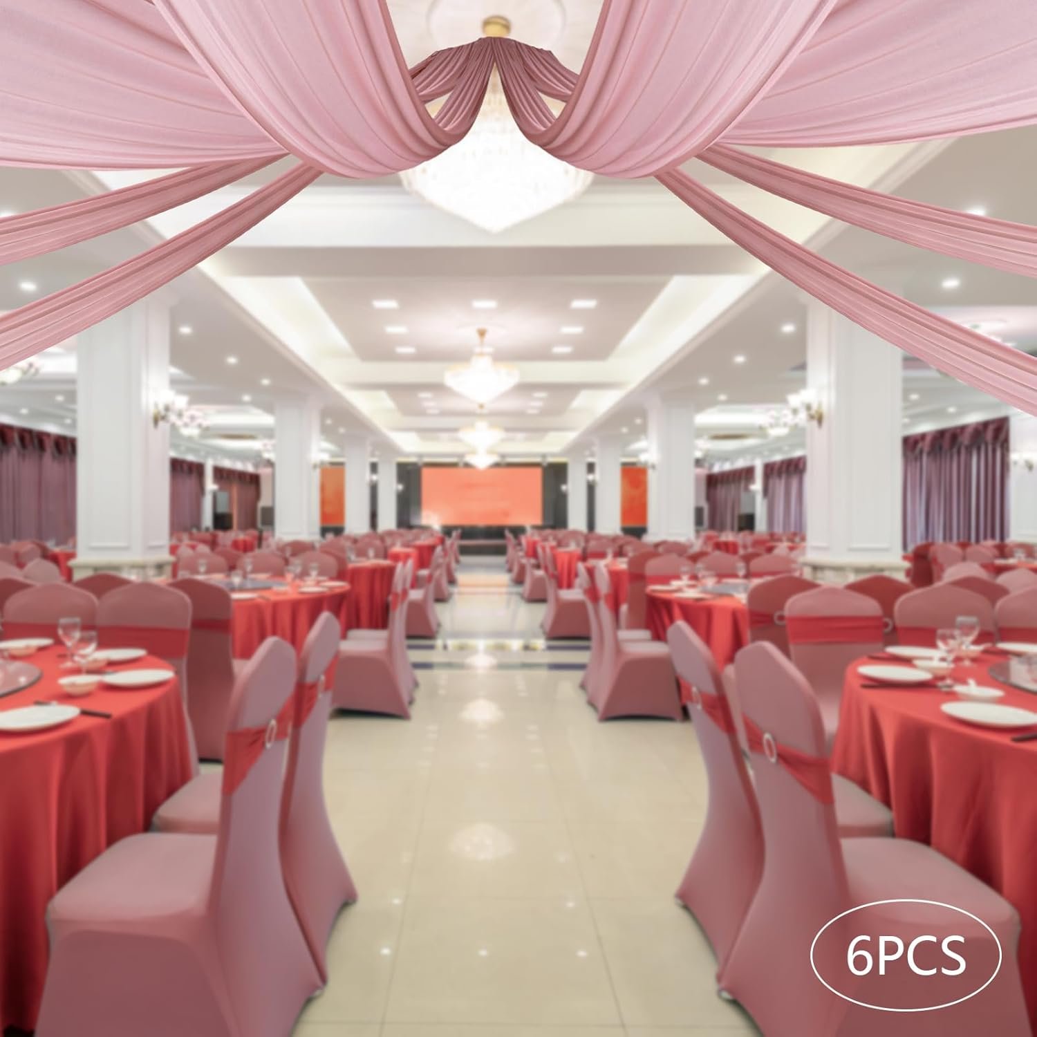 6 Panels Ceiling Drapes 5ft x 30ft Ceiling Drapes Fabric Chiffon Backdrop Drapes Draping Fabric Sheer Curtains for Party Ceremony Stage Wedding Decoration Deep Rose.jpg