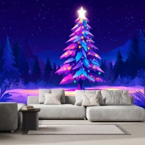 Glowing Christmas Tree Mural Wallpaper Night Sky Peel and Stick.jpg