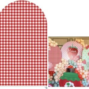 Red and White Checkered Arch Backdrop Fabric Covers Strawberry Theme.jpg