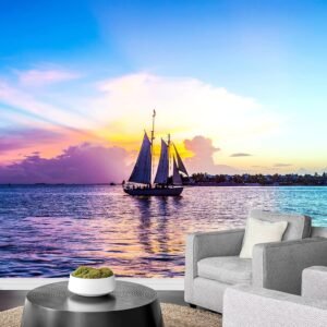 Sunset Glow 3D Self Adhesive Murals Ocean Boat Large Wallpaper.jpg