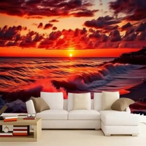 Wave Beach Wallpaper Red Sunset Glow 3D Murals 157 Inch.jpg