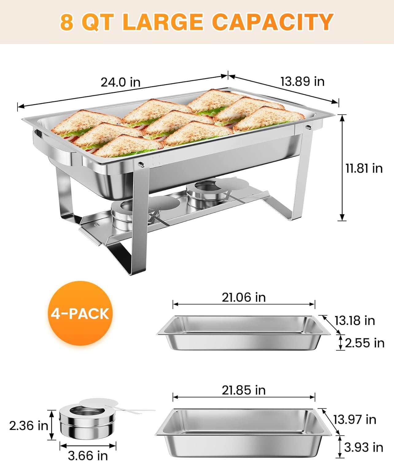 1762881194 Chafing Dish Buffet Set 4 Pack 8 QT Stainless Steel Chafer Buffet Food Servers and Warmers Set with Water Pan for Weddings Parties Banquets and Catering.jpg