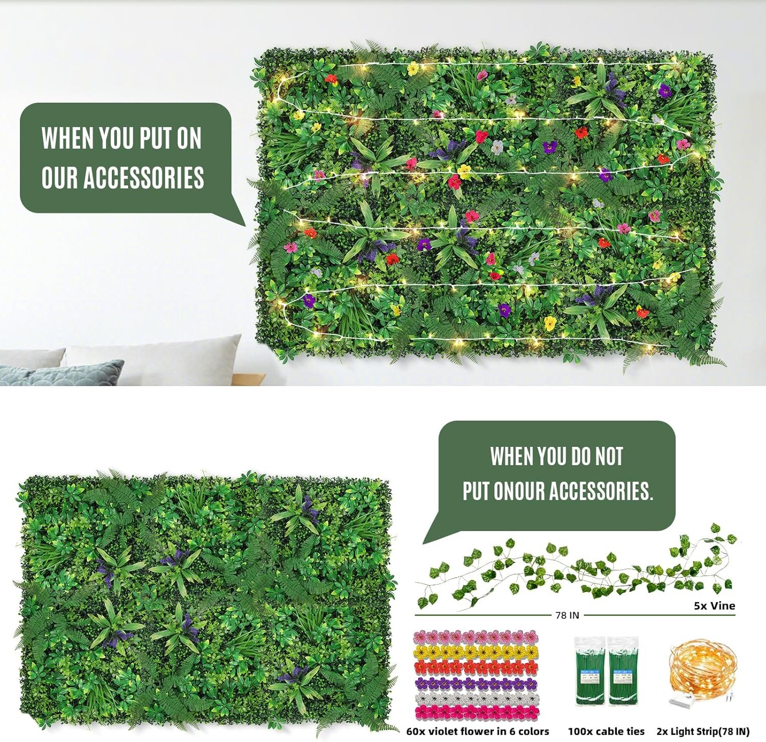 Artificial Boxwood Panel 8 Pieces 20x20 Green Grass Wall Backdrop Wall for Fence Patio Backrop Balcony Faux Ivy Privacy Fence Screen 5 PCS Vines 60 PCS Violet Flower 2 PCS Light Strip.jpg