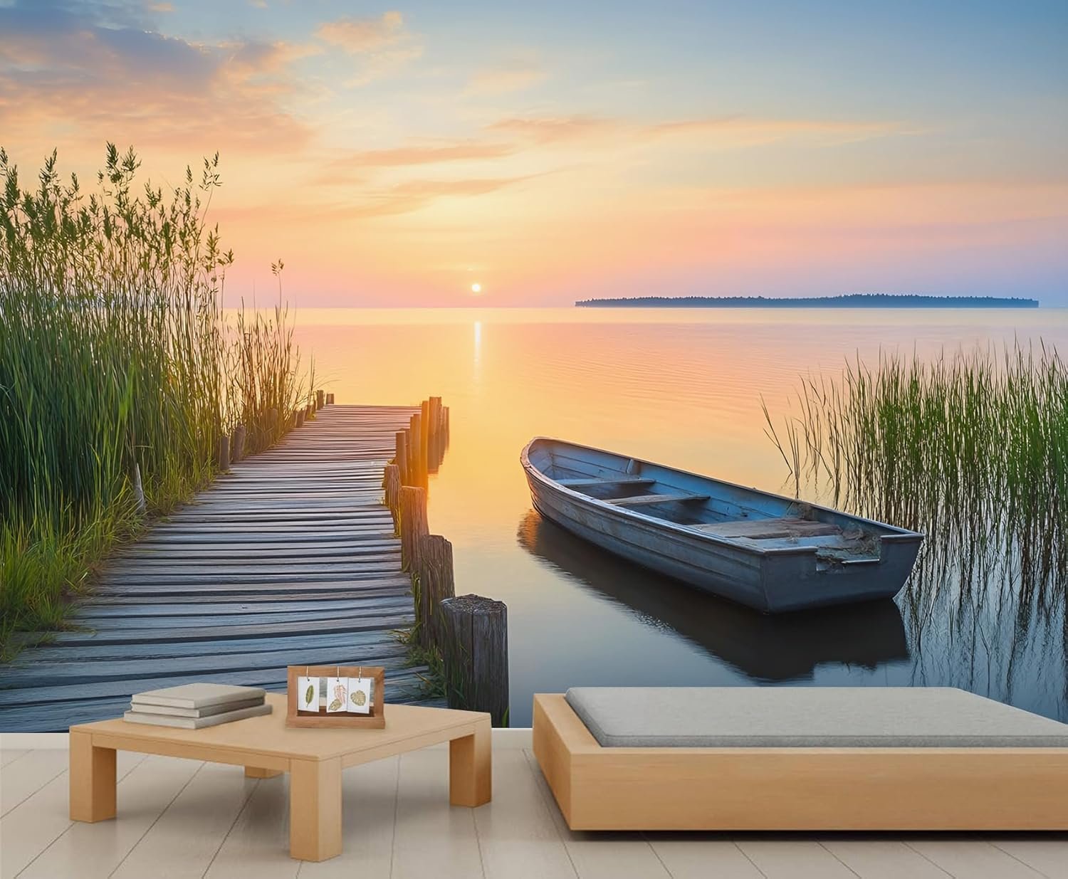 Lakeside Sunset Wall Murals Wooden Pier Mural Wallpaper Reeds Wall.jpg