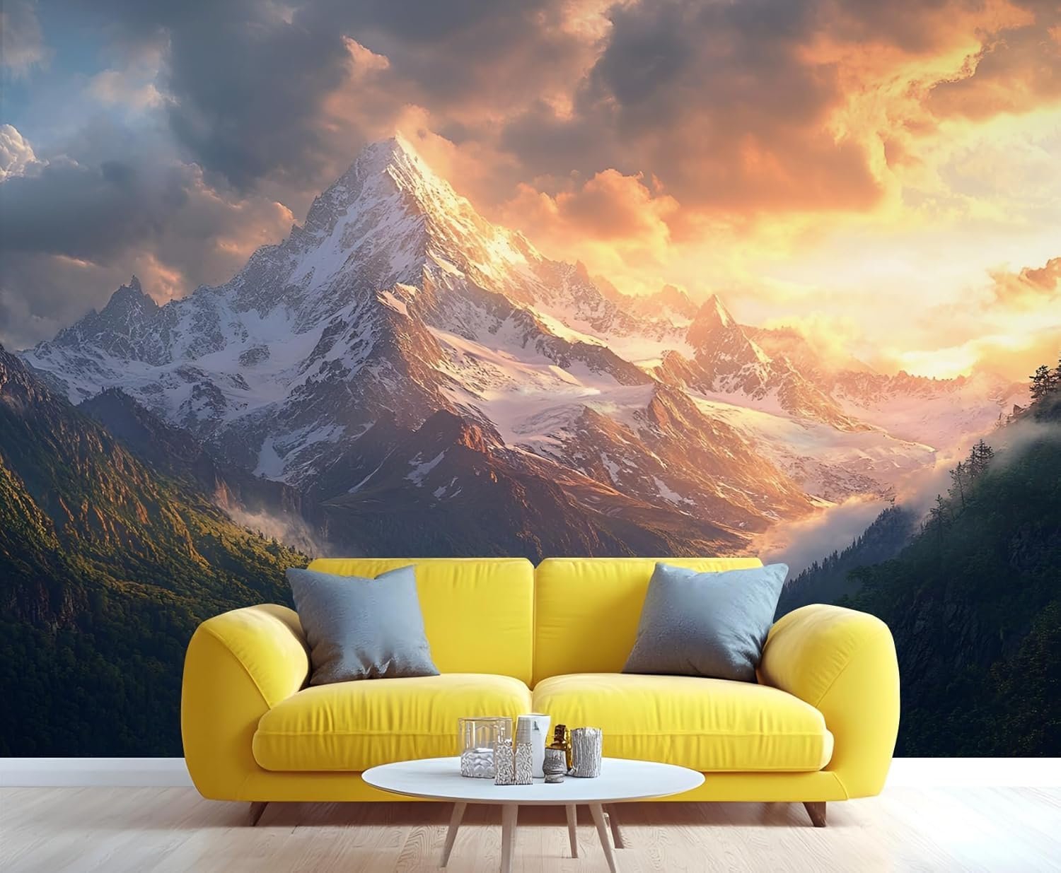 Snow Peaks Wall Murals Mountains Mural Wallpaper Warm Golden Glow Wall Decor Sea of Clouds Mural for Bedroom Dark Green Forests Wallpaper for Living Room Not Peel n Stick.jpg