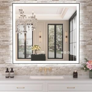 Amorho 40 X36 LED Bathroom Mirror with Black Frame Front.jpg