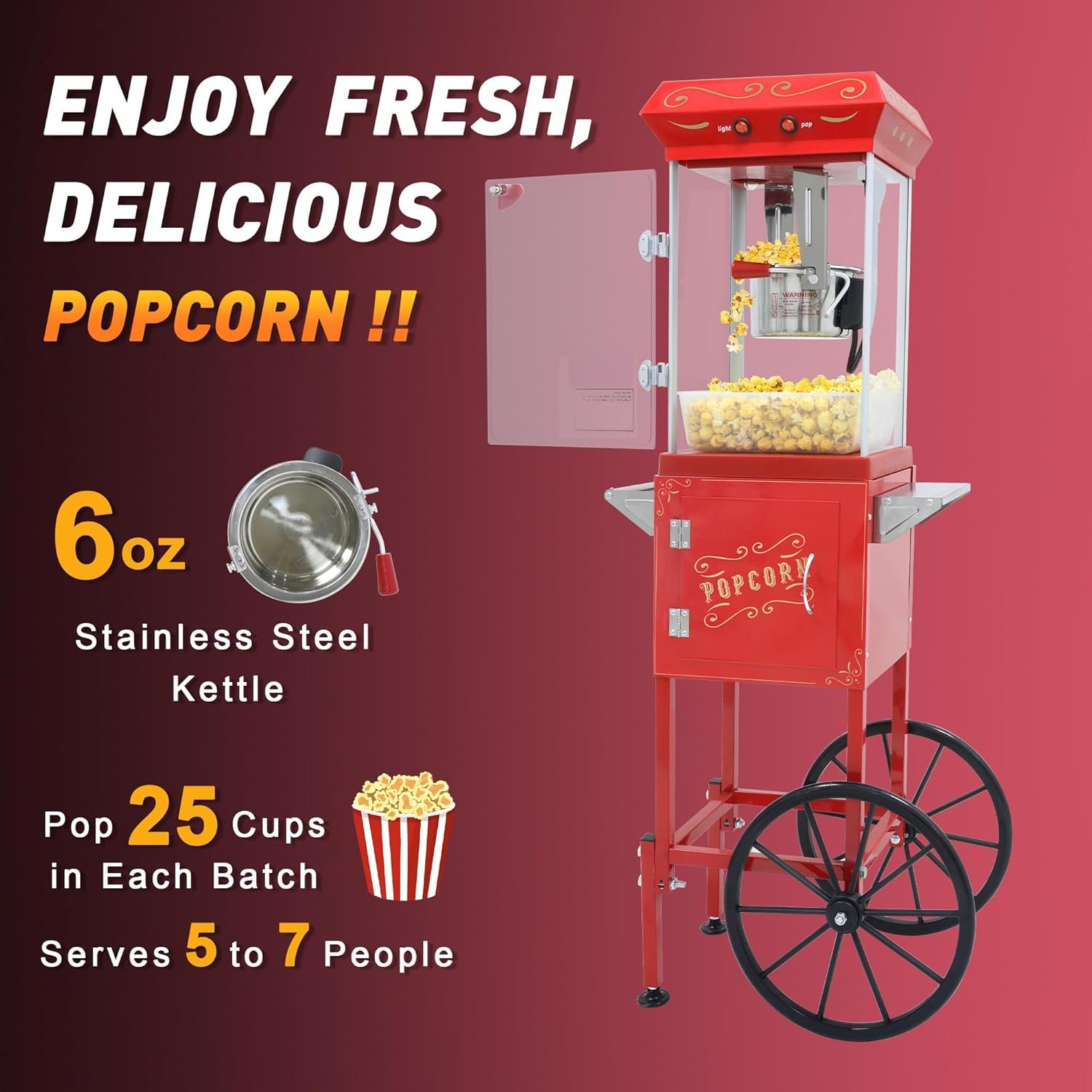 Popcorn Maker Machine Professional Cart With 6 Oz Kettle Makes Up to 25 Cups Stainless Steel Vintage Commercial Popcorn Machine Movie Theater Style Red.jpg