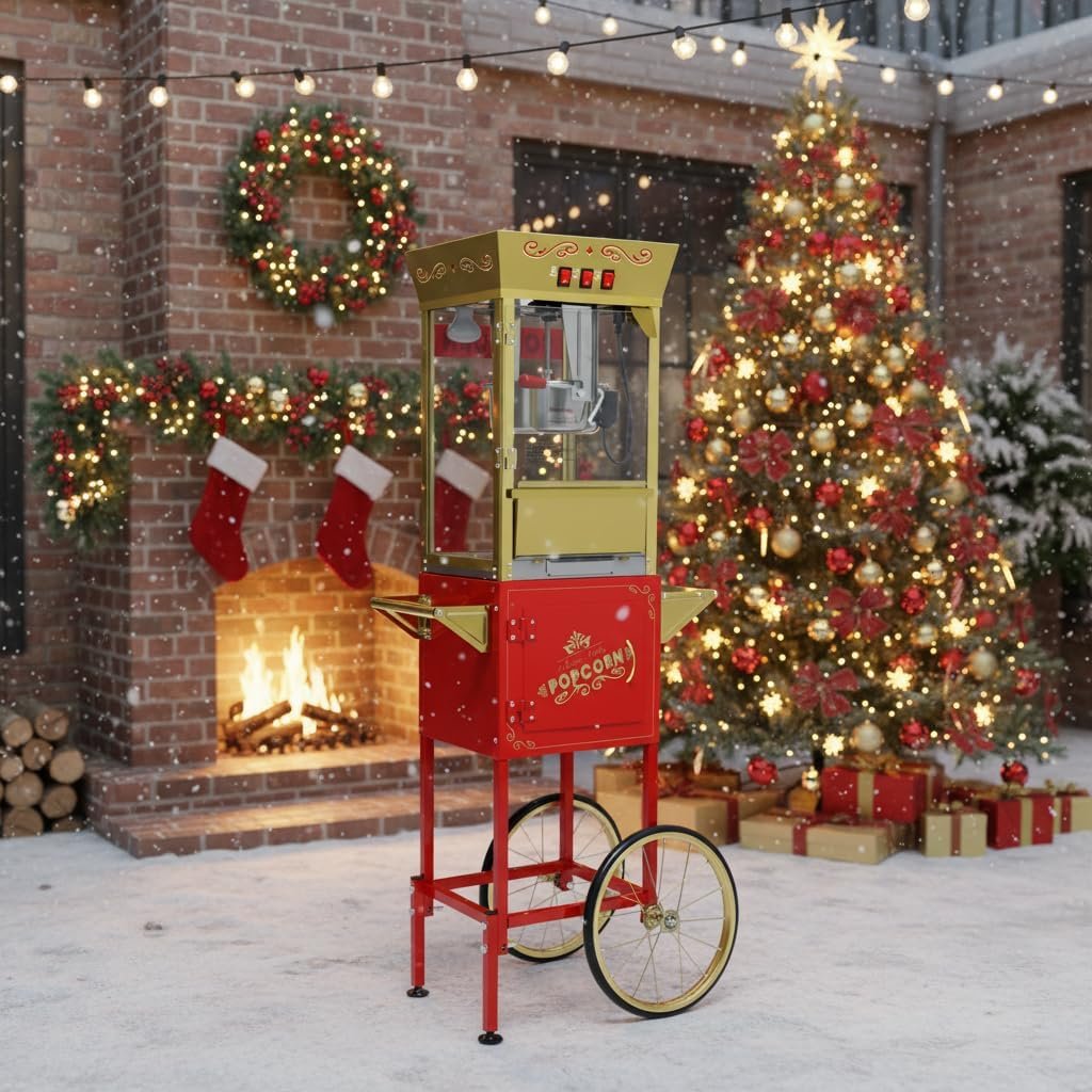 12 Oz Large Popcorn Machine with Cart Foldable Stand Makes Delicious Popcorn 3 Serving Cups Measuring Cups a Scoop for Home Party Office Use ETL Certified Red.jpg