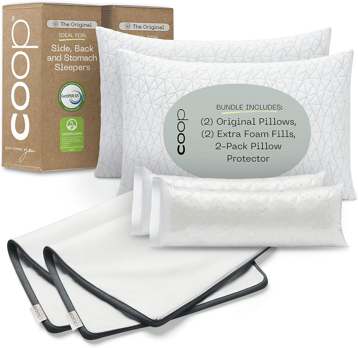 Coop 2 Original Adjustable Memory Foam Pillows & 2 Waterproof Pillow Protectors – Queen | Breathable Covers, CertiPUR-US